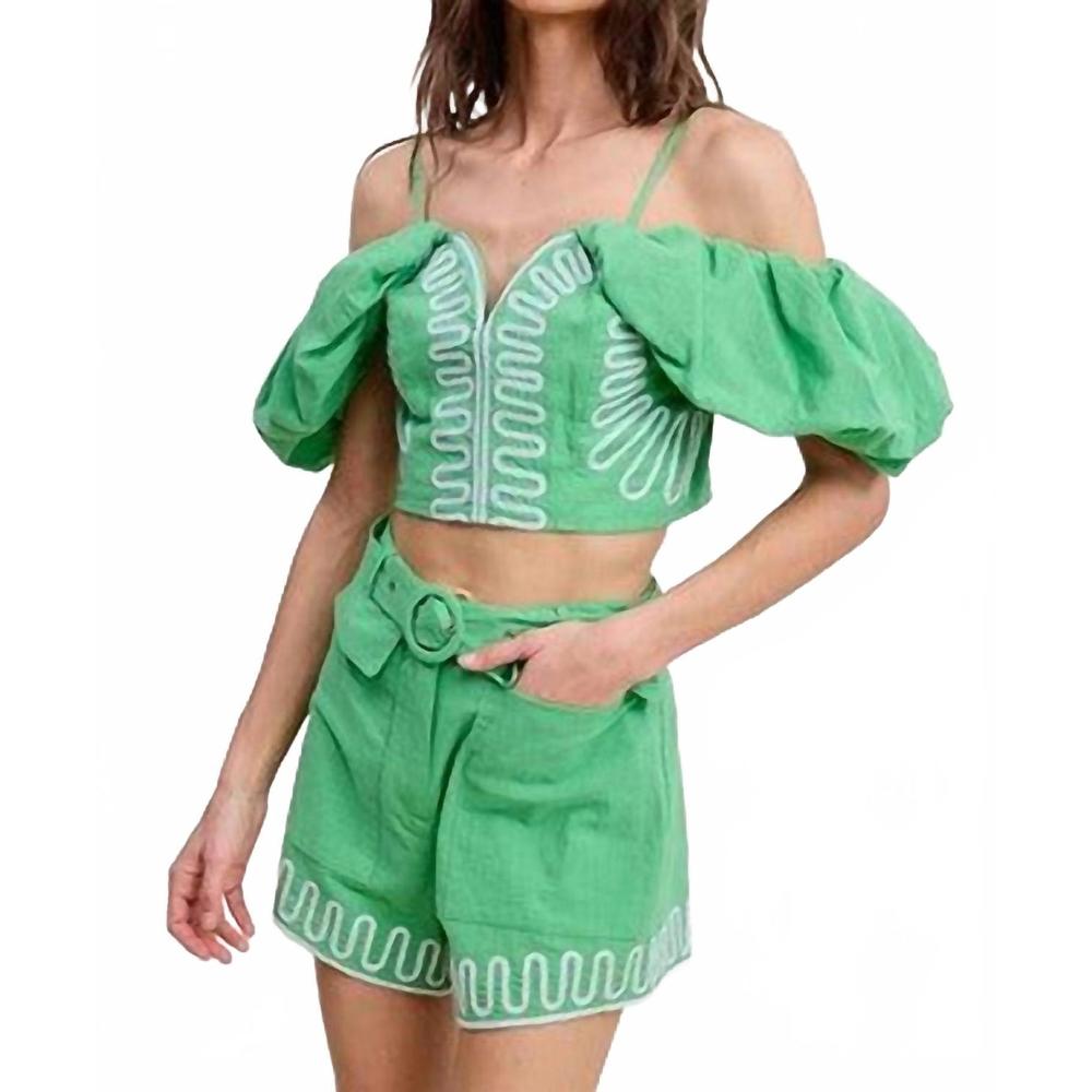NEW ULTRAMARINE emerson embroidered top & short set in green